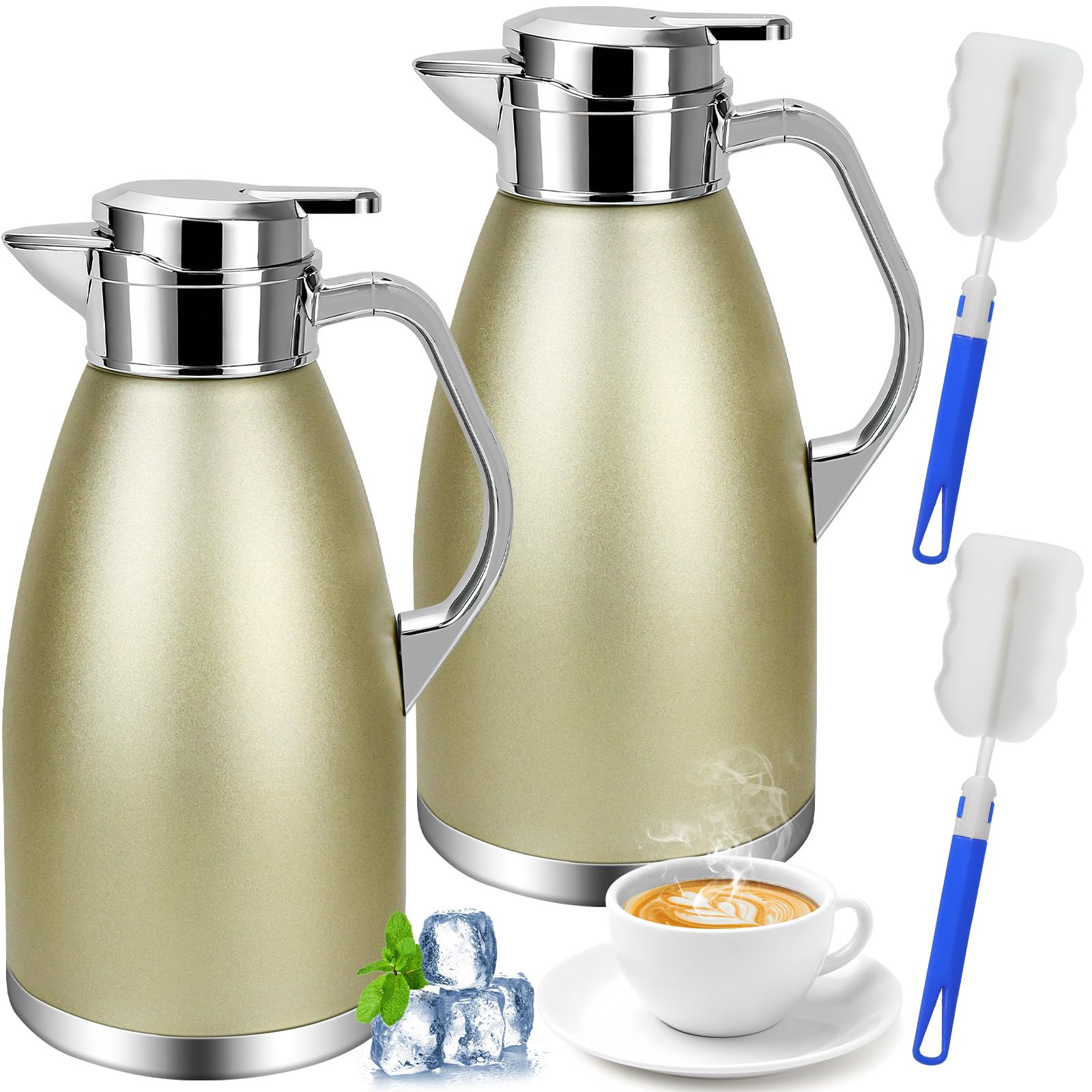 2 Pcs Thermal Carafe Jugs, 2.3L Stainless Steel Thermal Coffee Carafe, Double Walled Vacuum Insulated Coffee Pot with Brushes for Keeping Hot Cold Tea Home Office(Champaign Gold)