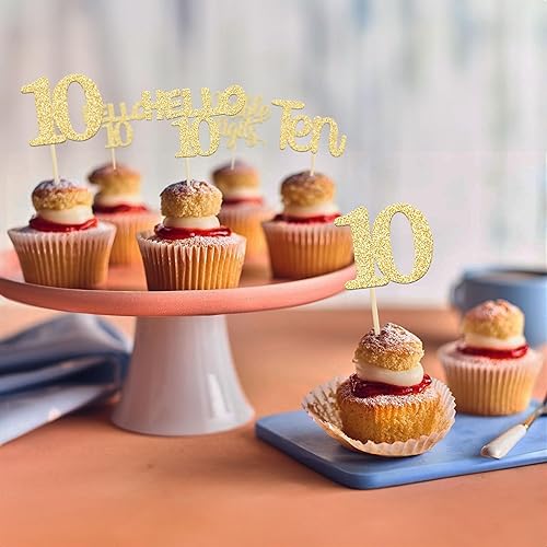 Miniatura 4 de Gyufise 24 piezas de adornos dorados para cupcakes de 10.º cumpleaños con purpurina dorada de doble dígito Hello 10 Ten Cupcake Picks para fiesta
