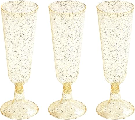WELLIFE 50 Pack Gold Glitter Plastic Champagne Flutes, 5.5 OZ Disposable Champagne Glasses for Champagne, Premium Plastic Toasting Flutes Perfect for Wedding and Party
