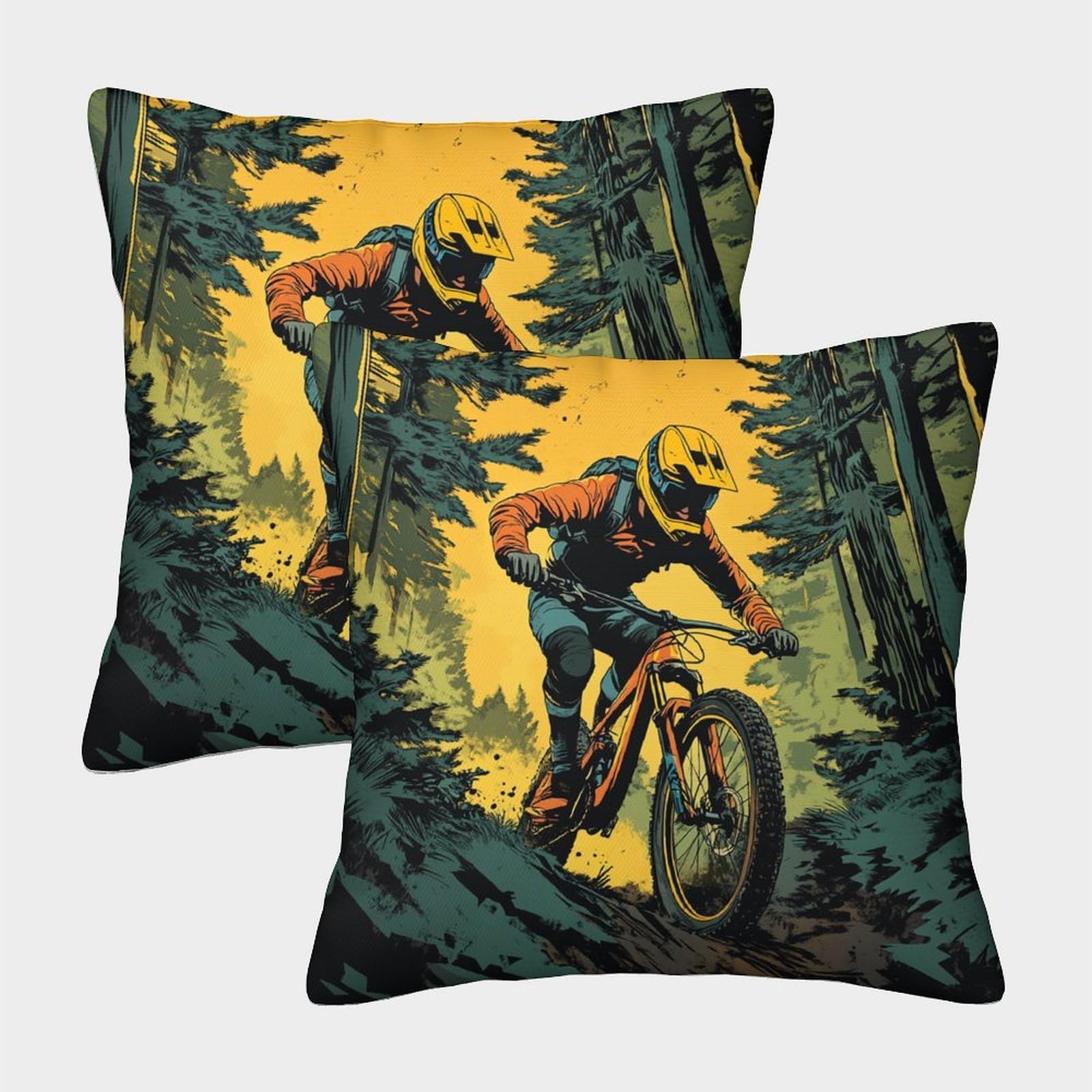 kaiyun 2 Pack Mountain Bike Rider Riding in The Woods Pillow Case Home Decoration Sofa Comic Style Cushion Cover 45x45cm