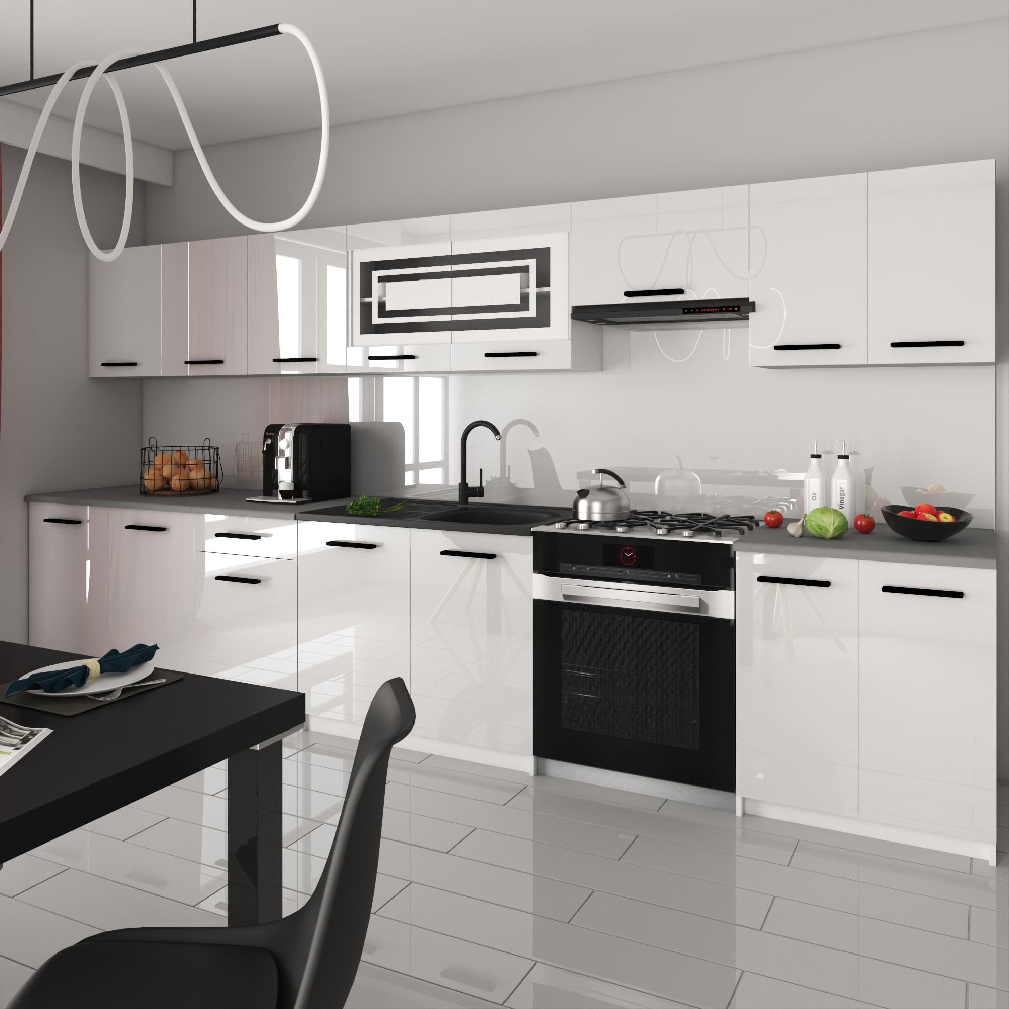 Belini Italia 3 Liniowa szafka kuchenna 320cm Biały Błyszczący | ECONATURA DECOR Liniowa szafka kuchenna, szafka, bez sprzętu AGD, z blatem roboczym