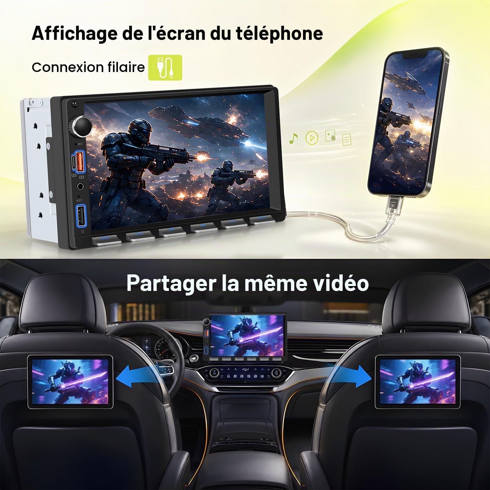 2 DIN Autoradio MirrorLink, 7 Pouces Touch Screen Radio Voiture avec Bluetooth/FM/AUX/TF/Caméra de Recul/SWC