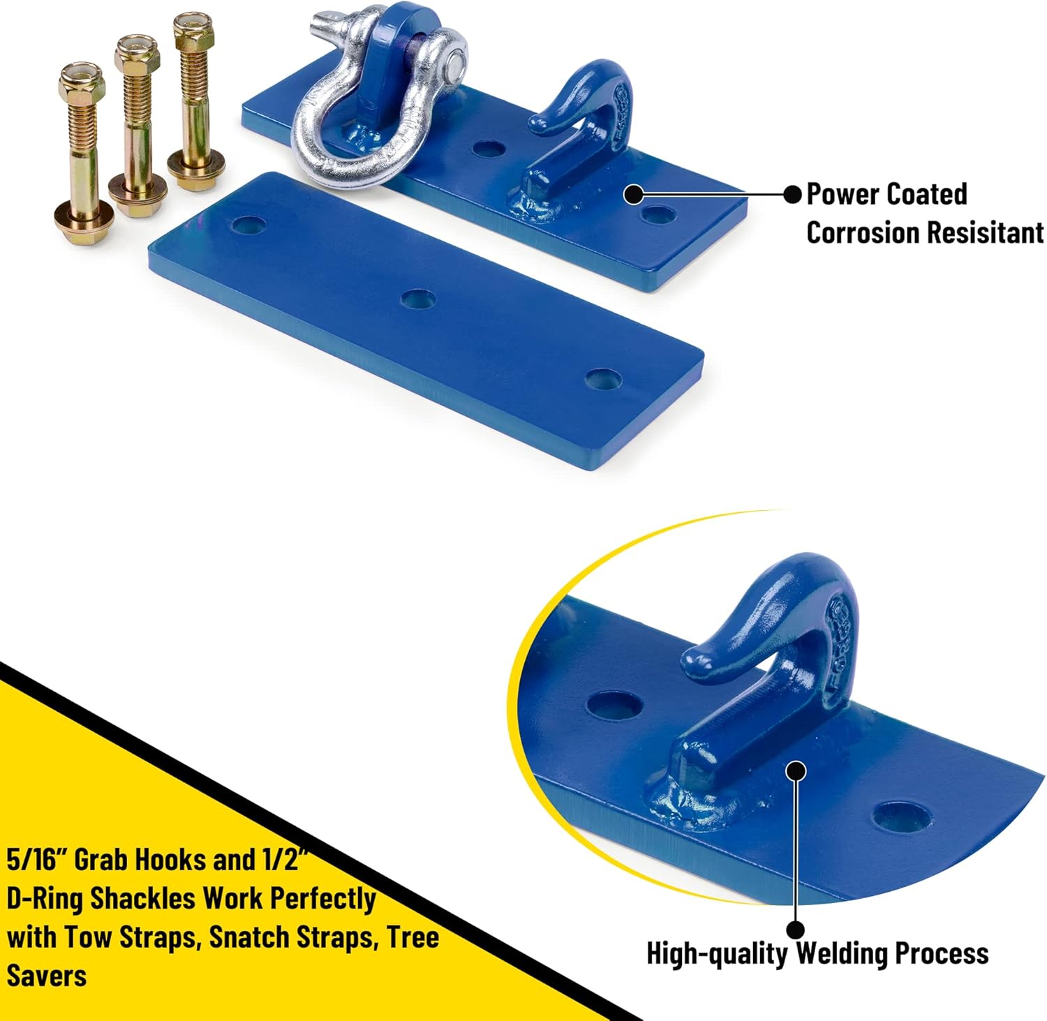 Tractor Bucket Hooks, Bolt On Clevis Mount with 1/2” Shackle, 5/16”Grab Hooks G70 Steel, Shackles Mount with Backer Plate, Heavy Duty Tow Hook for SUV RV UTV Tractors Bucket(Blue)
