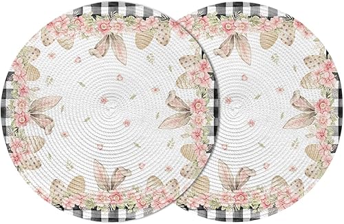 Paquete de 2 manteles individuales redondos trenzados para mesa de comedor, orejas de conejo de Pascua, huevos florales de primavera, búfalo a