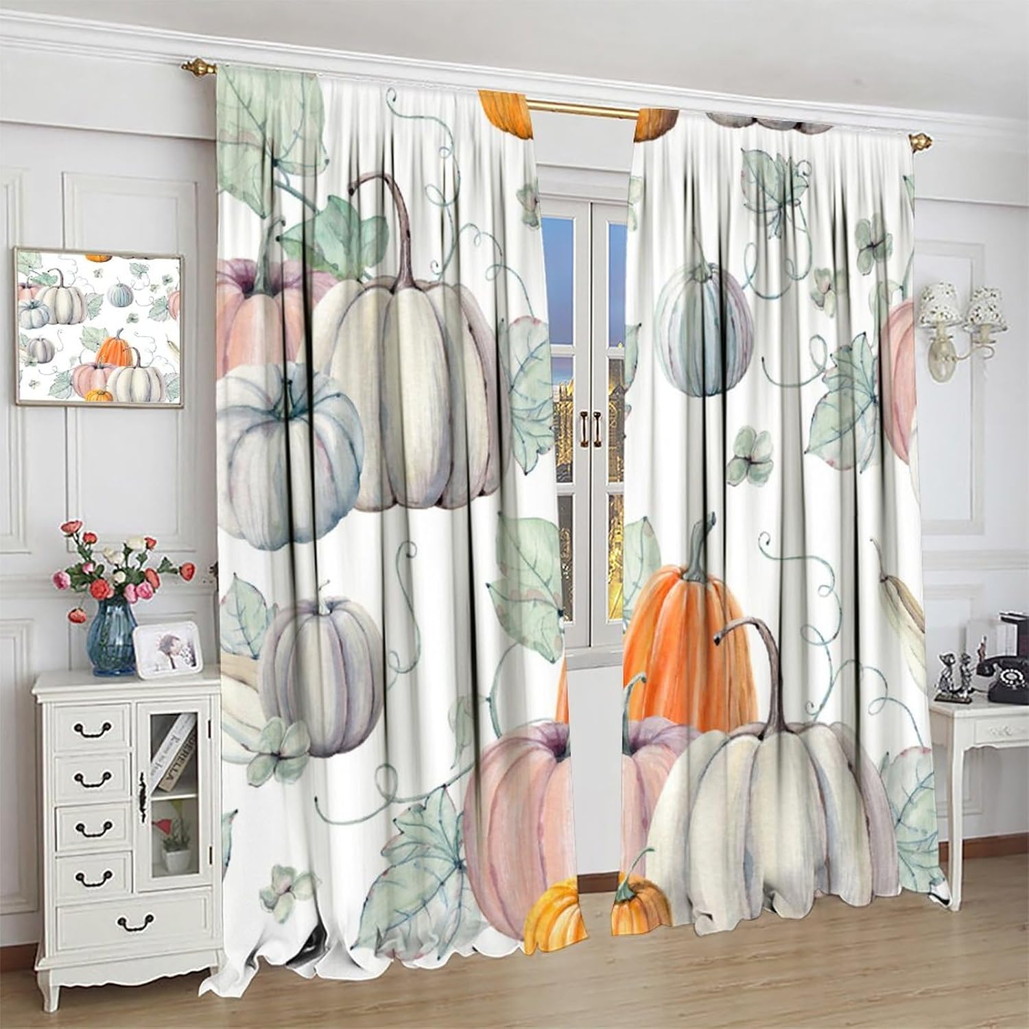 Vintage Fall Pumpkins Curtains, Rustic Autumn Thanksgiving Fresh Elegant Leaves Watercolor Print Window Drapes, Blackout Rod Pocket Thermal Insulation for Living Room Bedroom Bathroom 42x54 Inch