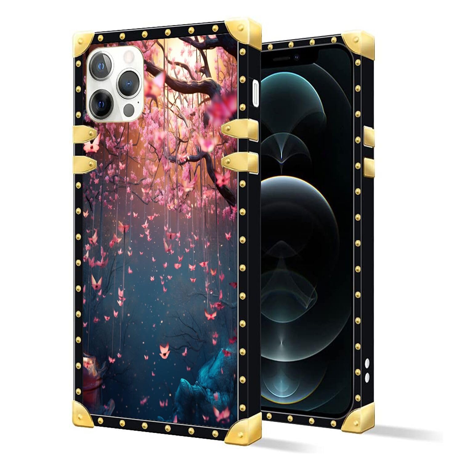 SHENCANG BLUE Designed Phone Case for iPhone 13 Pro Peach Blossom Designer Art097 Design Black Frame Smartphone Cover Soft TPU Shockproof Mobile Phone Case