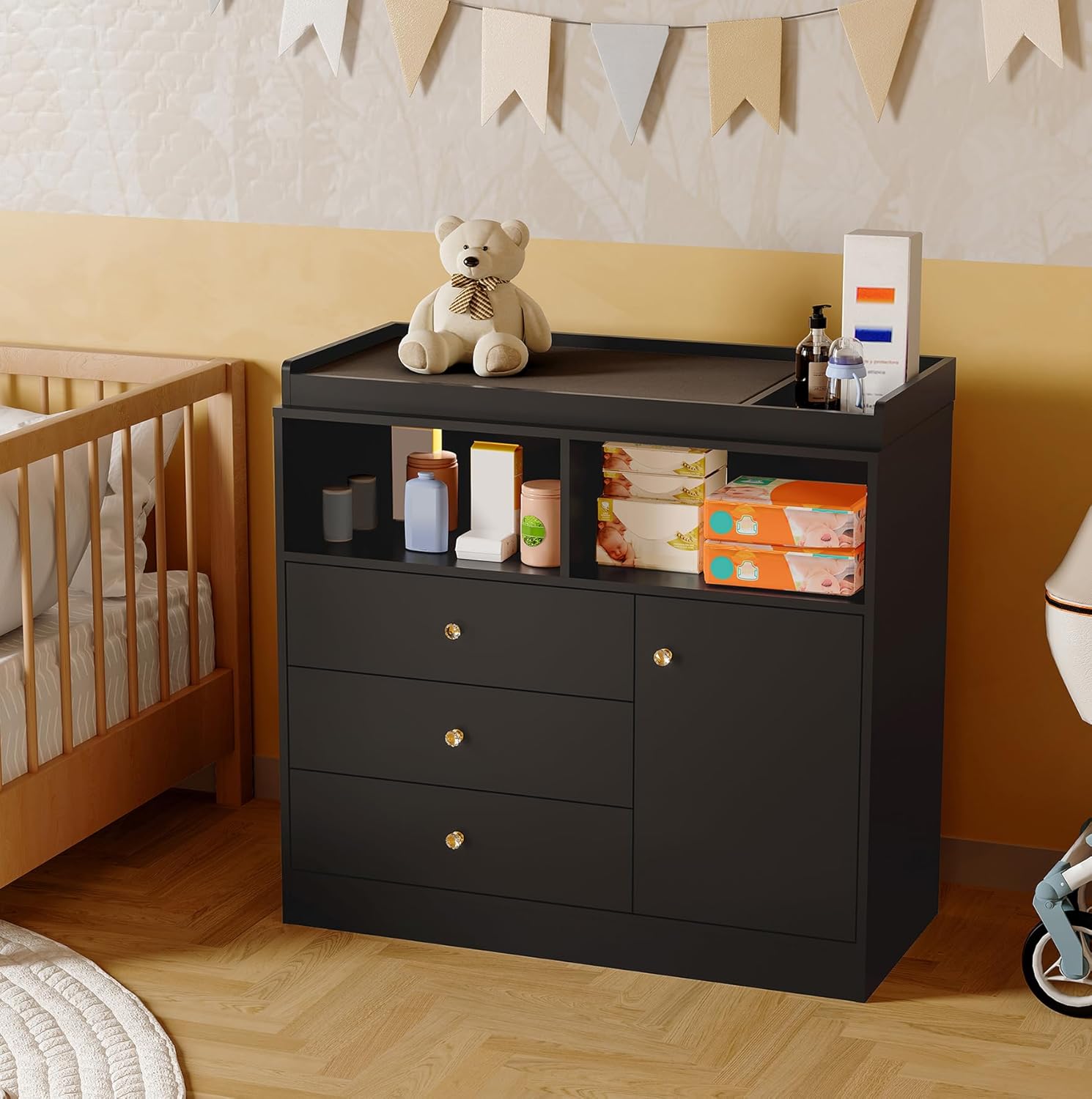 Patikuin Baby Dresser with Changing Table Top, Wooden Diaper Changing Station with 3 Drawers, Cabinet & 2 Open Compartments, Changing Table Dresser for Nursery, Bedroom(40''x18''x37''), Black