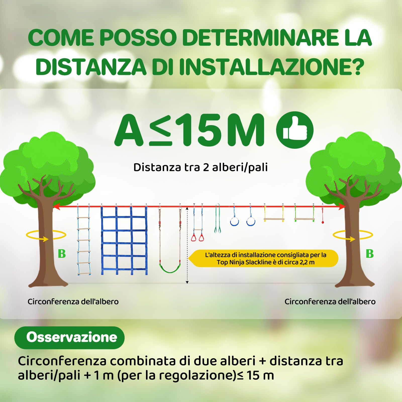 Dripex Percorso ad Ostacoli Ninja per Bambini 15m×2 Slackline 10 Ostacoli durevoli Allenamento all'aperto Cortile Altalena Rete Scala Arrampicata