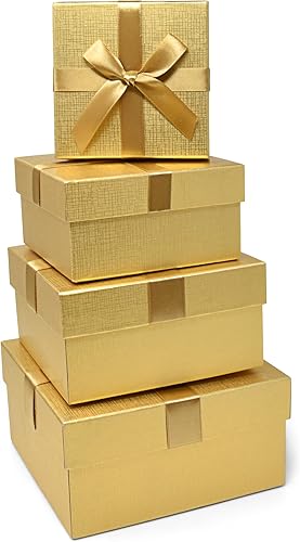 Juego de 4 cajas de regalo cuadradas doradas con lazo de cinta de varios tamaños, caja de Navidad anidable, cartón duradero reutilizable para