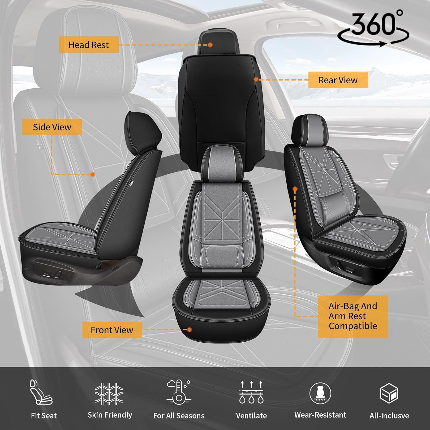 Car Seat Covers Front Seat Fit for Chevy Impala 2014-2020: 5 Seat Auto Interior Accessories, Waterproof Faux Leather Vehical Car Seat Cushions Cover（Black&Grey