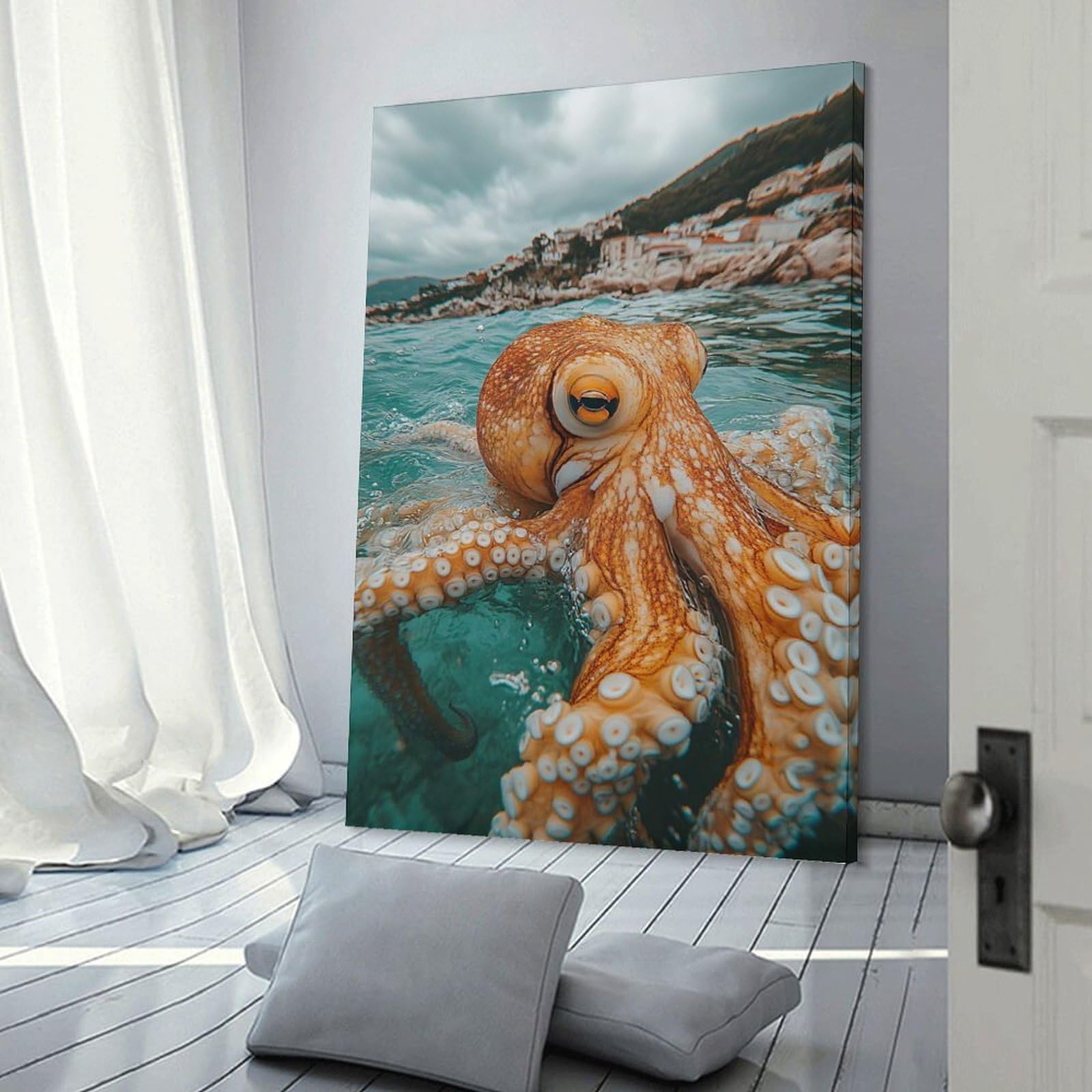 Junmoney Canvas Wall Art Octopus in Turquoise Water, 12x18inch(30x45cm), for Corridors, Hallways Or Apartment Entries, Decorative Canvas Styling for Entry Areas