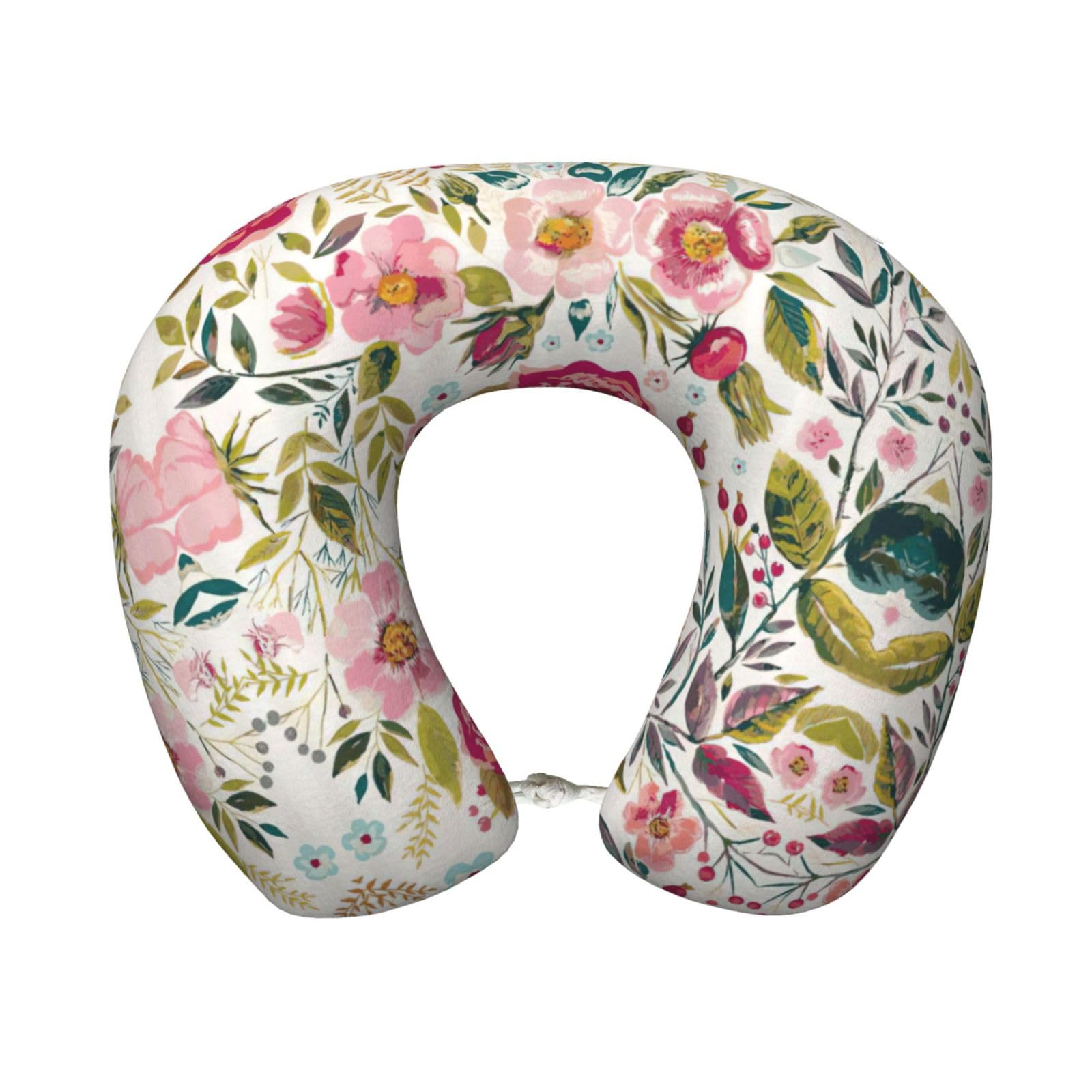 ASFgda U-Shape Memory Foam Flower Leaf Print Travel Pillow,Neck Support,Washable Cover For Airplane Car Home Office