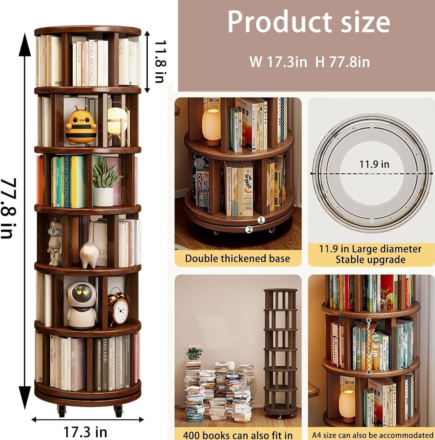 6-Tier Rotating Bookshelf - Solid Wood Rotating Bookcase Tower with Wheels - 360° Round Revolving Bookcase Organizer - Spinning Bookshelf for Small Spaces, Living Room, Office, and Bedroom (Walnut)