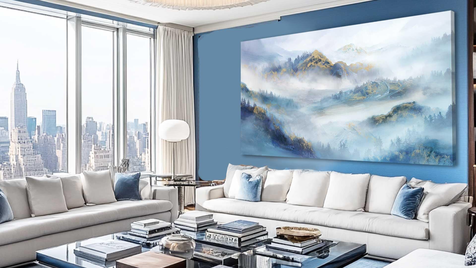 Landscape Canvas Wall Art Gold and Blue Wall Decor Forest Poster 29"x58" Large Poster Prints for Bedroom Decorative Painting