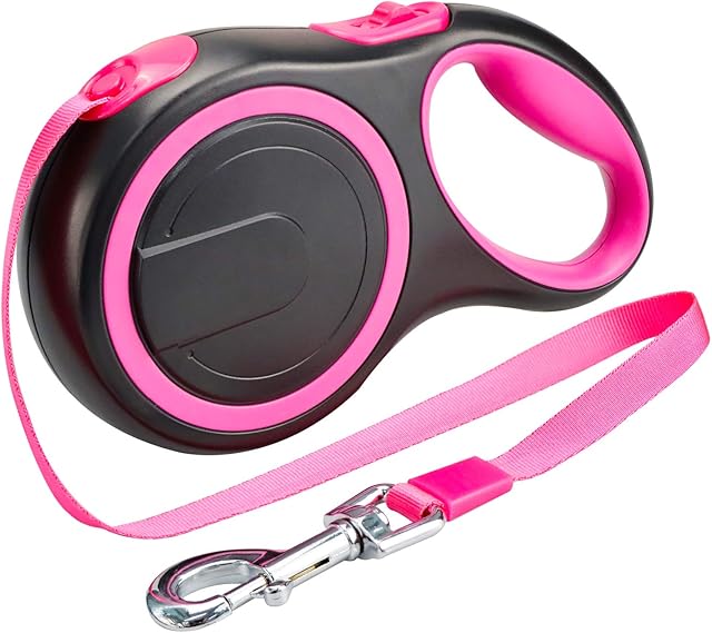 BenRich Retractable Dog Lead, 5m/16ft Heavy Duty Strong Tangle Free Extendable Dog Lead Leash Anti-Bite Nylon Tape, One-Hand Brake, Pause, Lock, for Dogs Up to 50kg (Large, Pink)