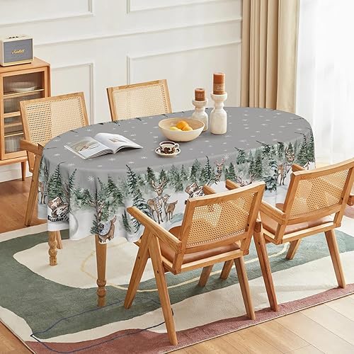 Miniatura 8 de Horaldaily Mantel de Navidad rectangular de 60 x 104 pulgadas, diseño de ciervos, muñeco de nieve, árboles, gris, lavable, para fiesta, picnic,