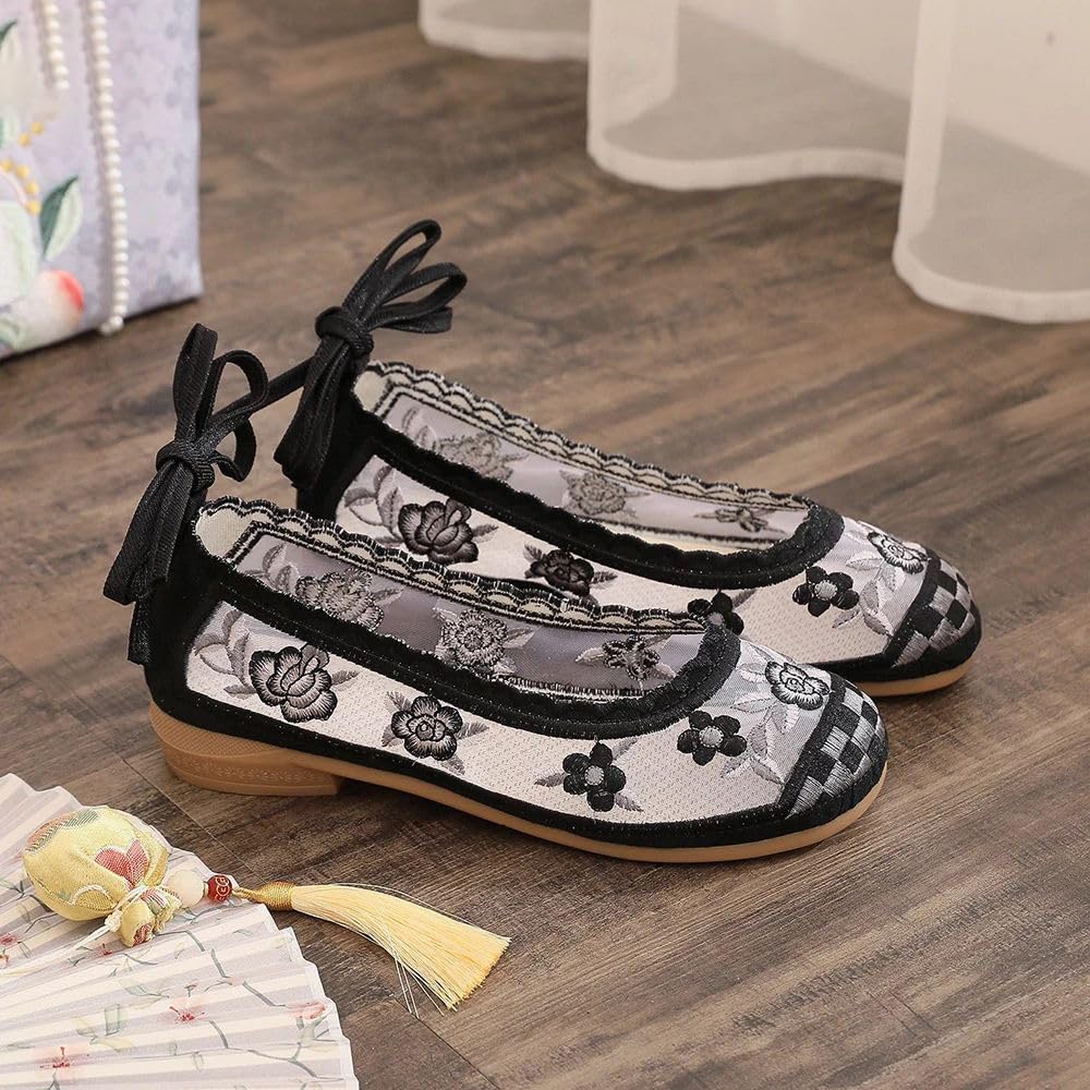 JYHBHMZG Vintage Bestickte Damen Gaze Mesh Knöchelriemen Ballettflats Schwarz Sommer Bequeme Kühle Gehschuhe