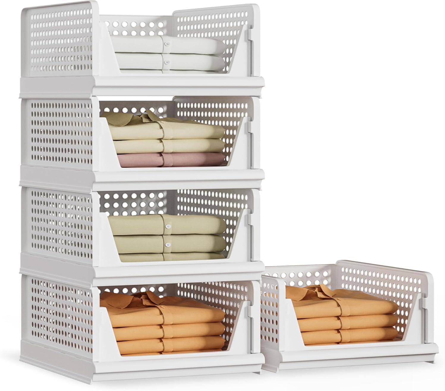 VERAT 5 Pieces Wardrobe Organizer/Stackable Drawers/Storage Organiser/Foldable/Almirah/Closet Basket/Cupboard/Shirt Storage Stacker/Cloth Box for Almirah/Plastic Baske(White)