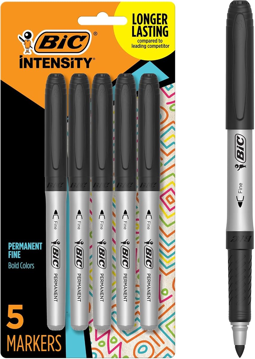 BIC Intensity Black Permanent Markers, Fine Point, 5-Count Pack of Black Markers With Non-Slip Grip for Comfort and Control