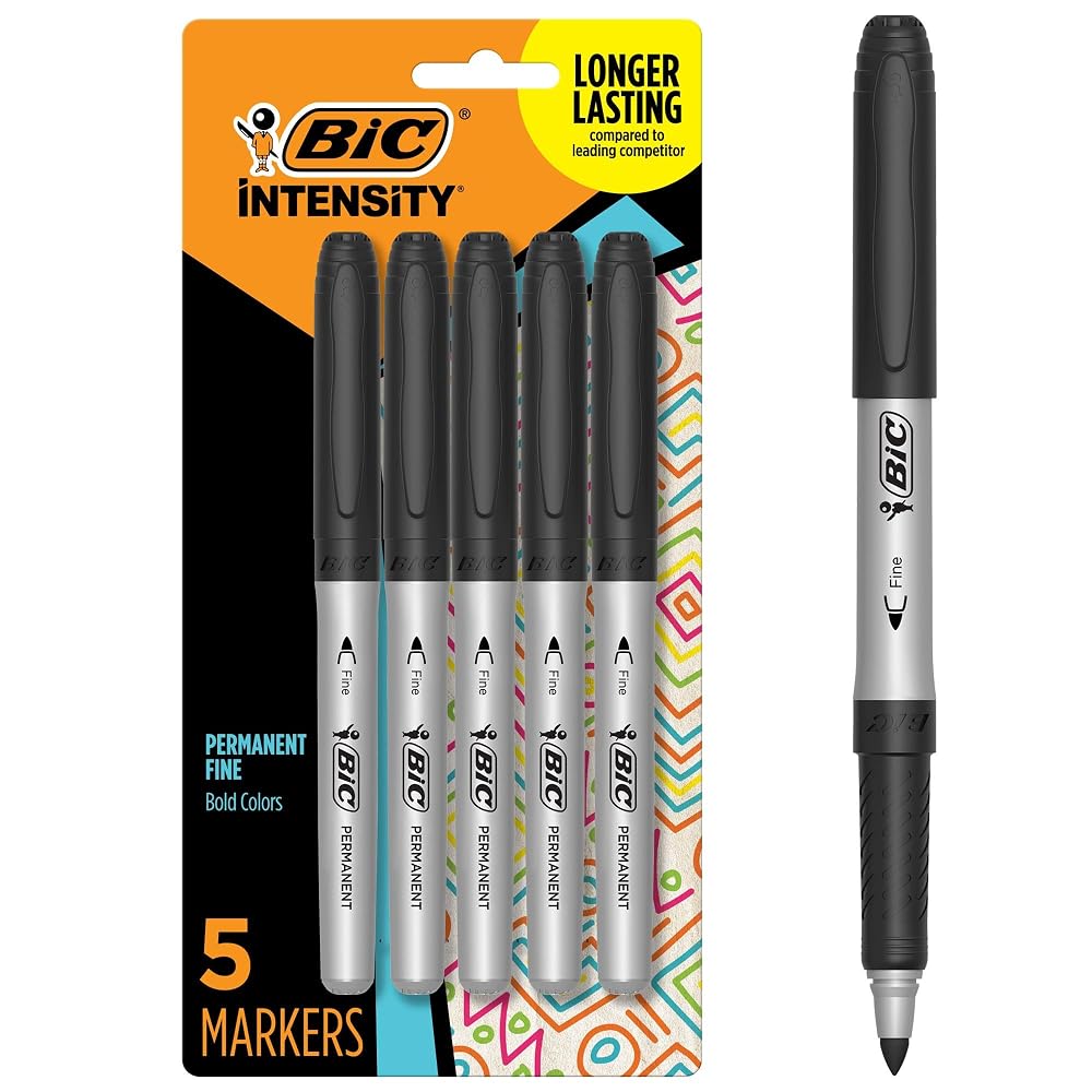 BIC Intensity Black Permanent Markers, Fine Point, 5-Count Pack of Black Markers With Non-Slip Grip for Comfort and Control