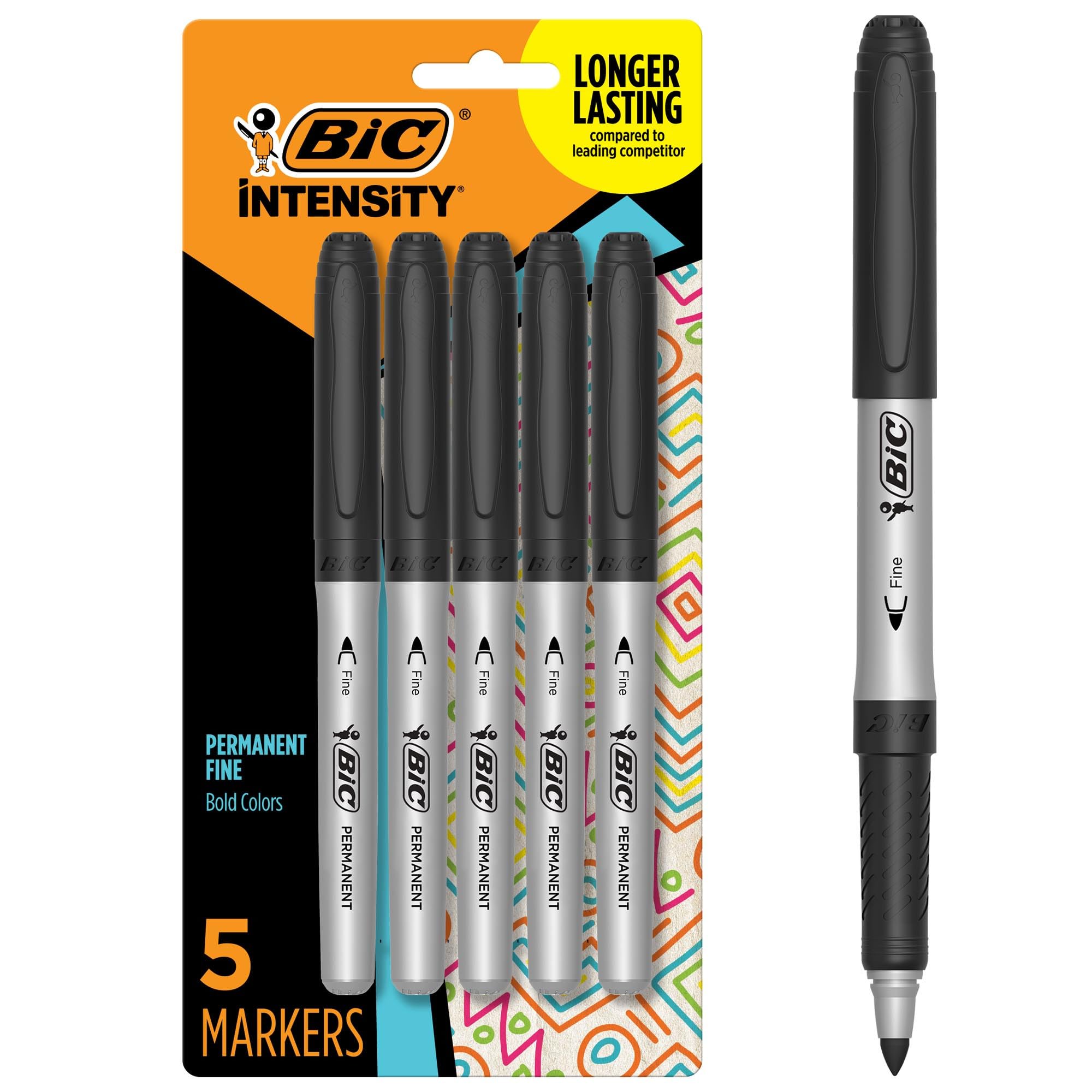 Intensity Black Permanent Markers, Fine Point, 5-Count Pack of Black Markers With Non-Slip Grip for Comfort and Control