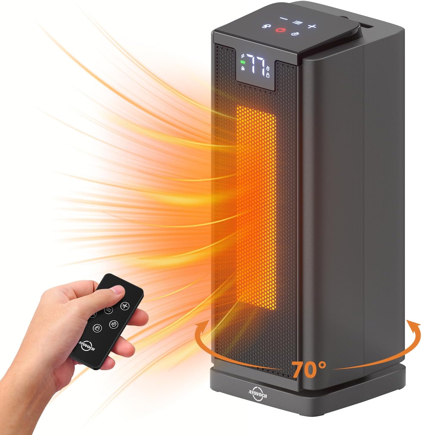 Ayovoch UPH210T space heater in grey, showing heat output and 70-degree oscillation, with a remote control in hand.