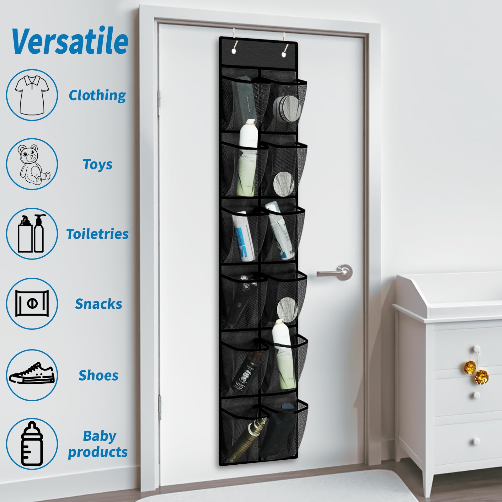 MSLOVE Organizador de zapatos estrecho para colgar sobre la puerta, 12 bolsillos grandes de malla para organizar y almacenar armarios, color negro, paquete de 2