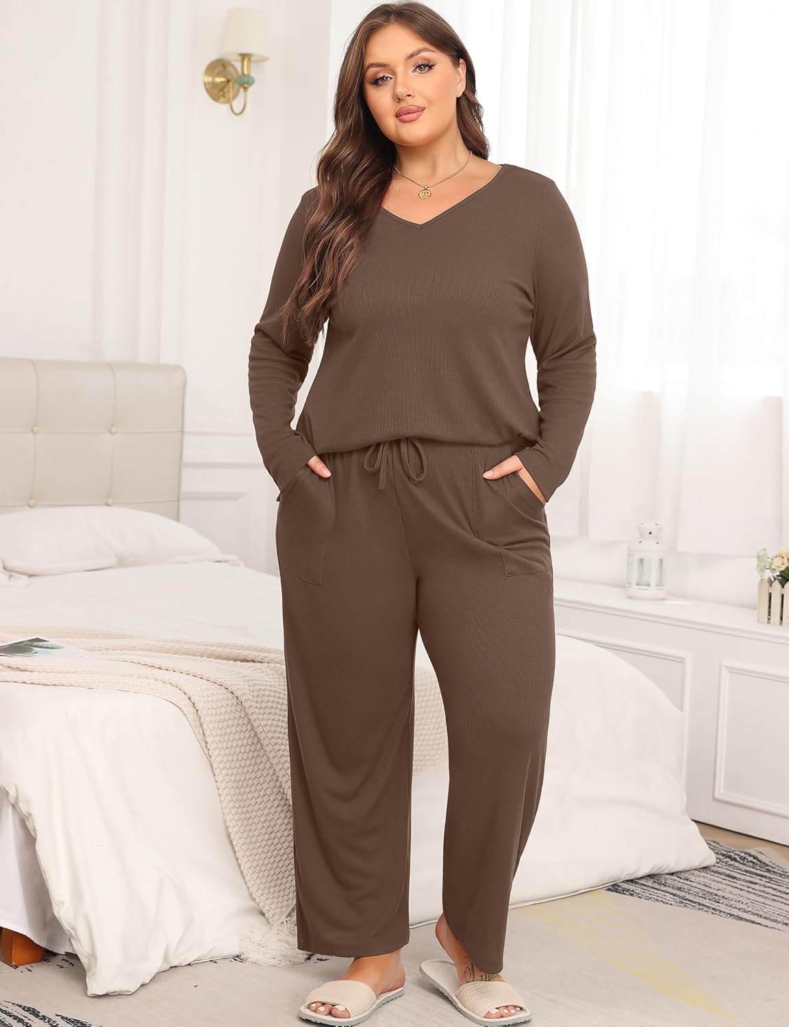 Women's Plus Size 2 Piece Pajama Lounge Sets Knit Outfits Long Sleeve V Neck Tops Wide Leg Pants with Pockets - Image 2