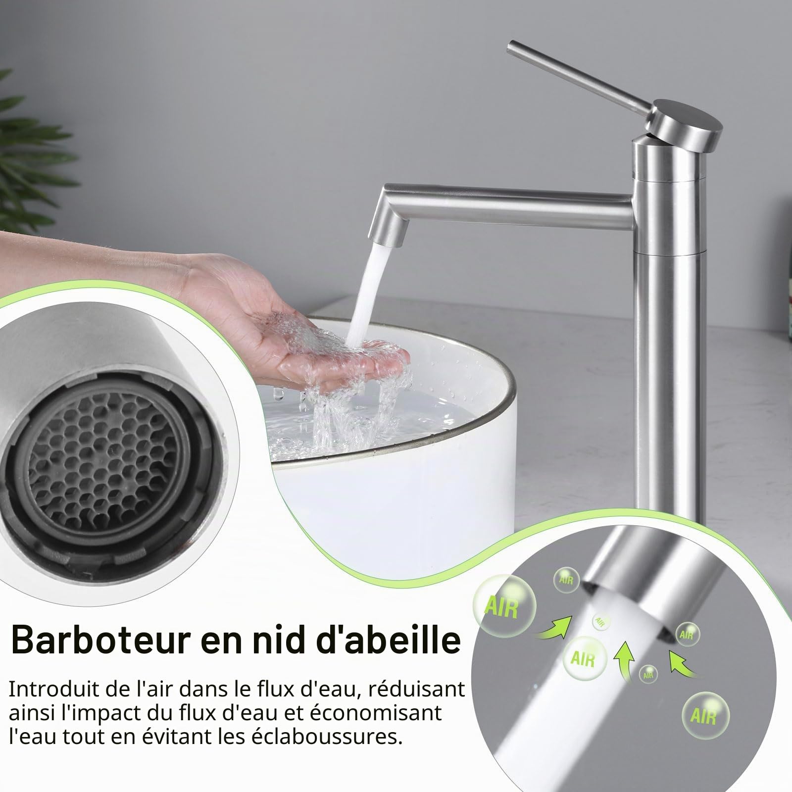 Robinet Lavabo Haut, Robinet Vasque Salle de Bain, Mitigeur Lavabo Rotatif 360°, Mitigeur pour Vasque, Brossé, 7M2OK-T