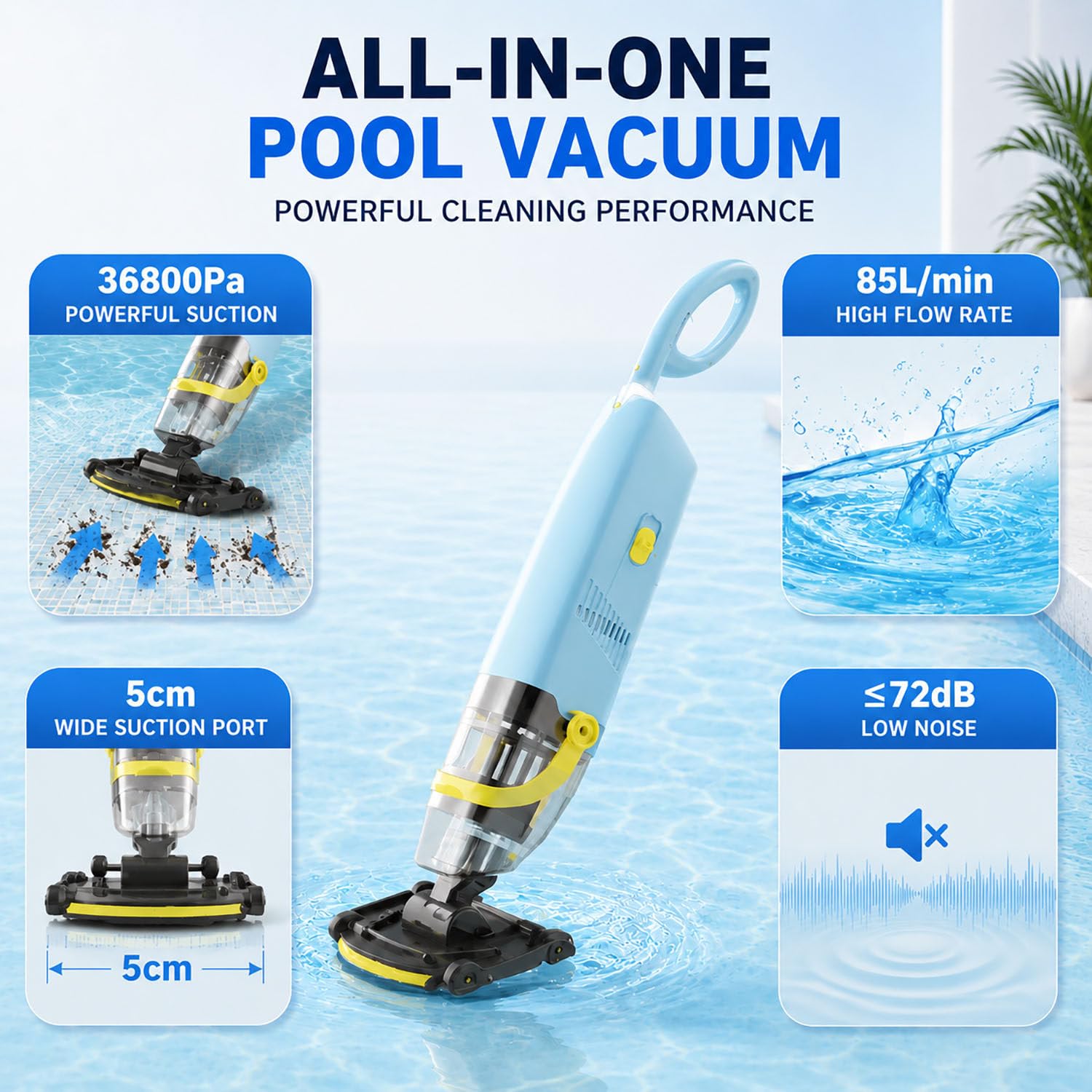Limpiador piscina inalámbrico 36800 Pa, pértiga telescópica 2,4 m 2.5AH | Limpiador con doble filtro y funcionamiento a batería, llega a todos los rincones de la piscina sin agacharse