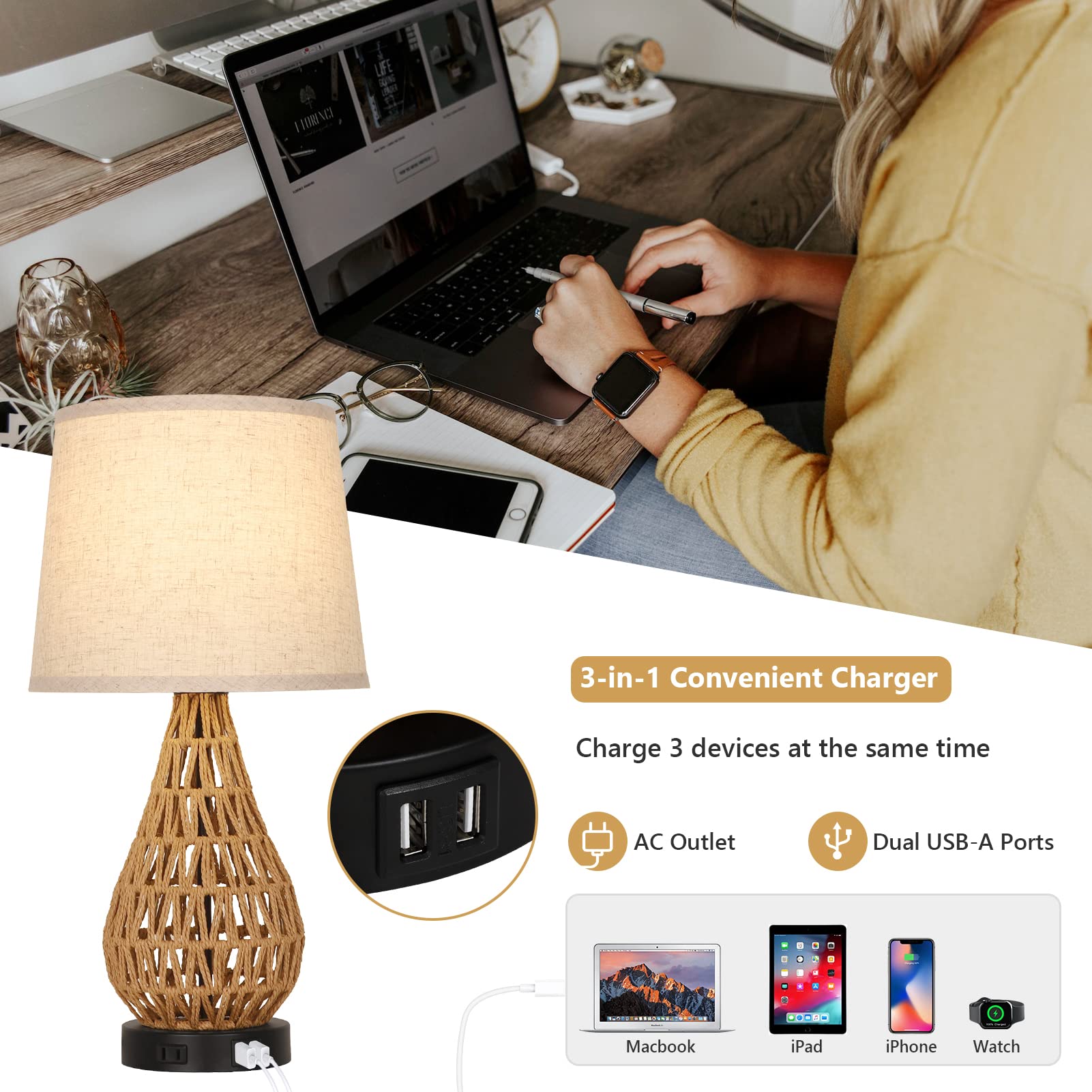 Touch Control Table Lamps Set of 2 Rattan Bedside Lamps with 2 USB