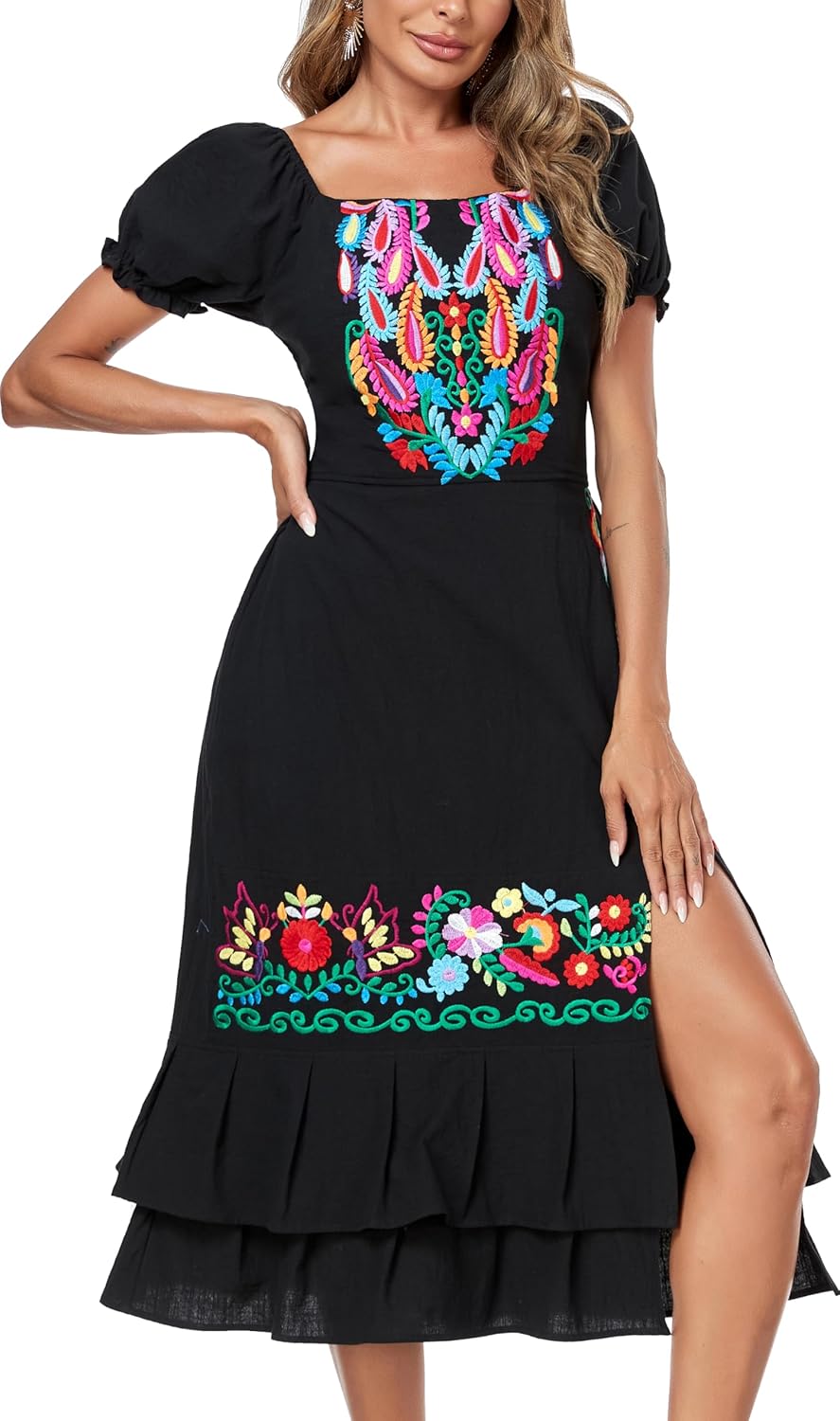 YZXDORWJ Mexican Dress for Women Boho Embroidered Sexy Ruffle Maxi Dress Short Sleeve Summer Beach Wedding Party Dress - Image 9