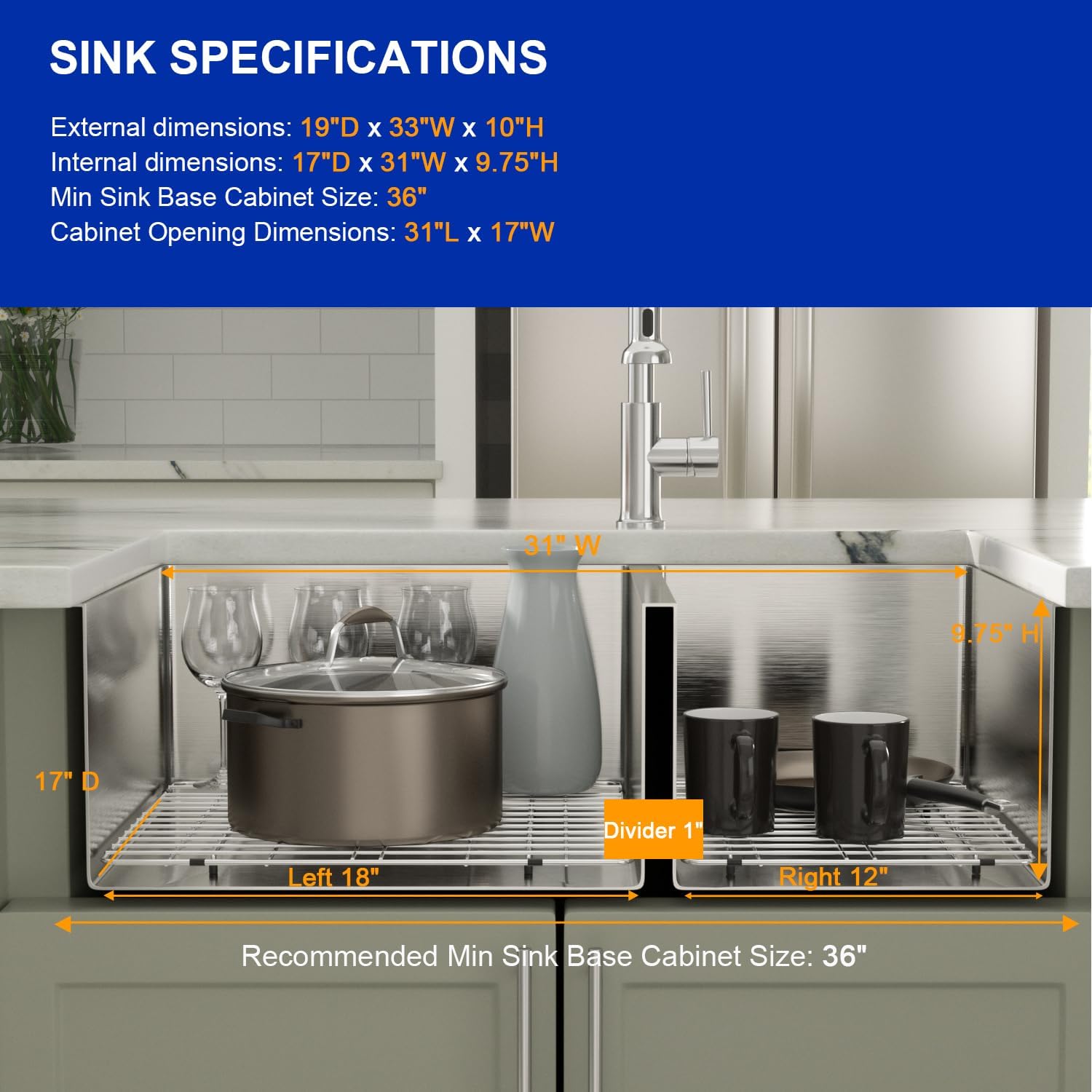 Dcolora 33 Inch Undermount Double Bowl Kitchen Sink 60/40 Split 16 Gauge 304 Stainless Steel Large Double Sinks, 33"x19"x10 Rounder Corner, DC-U7730