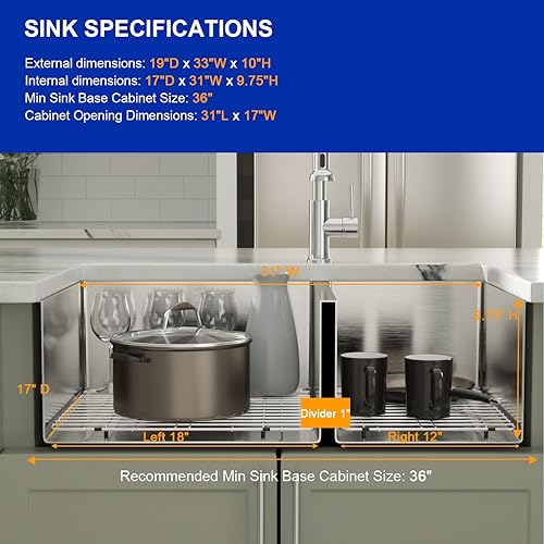 Miniatura 6 de Dcolora DC-U7730 - Fregadero de cocina de 33 pulgadas con doble tazón dividido 6040 de calibre 16 de acero inoxidable 304, esquinas redondeadas de