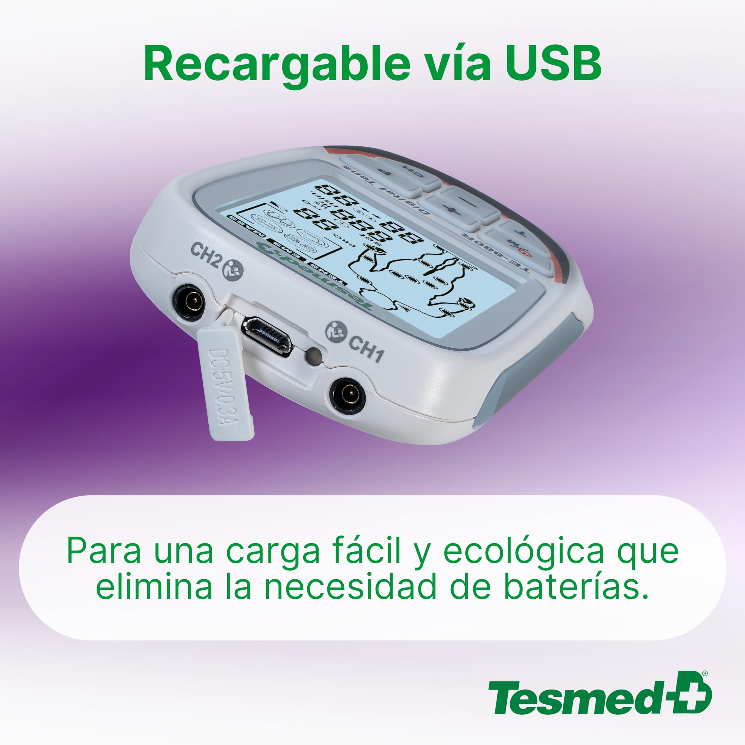 TESMED TE-880R Plus Electroestimulador Muscular Recargable, EMS, TENS, Masaje - 73 programas incluidos 2 personalizables - Funciona con 8 electrodos