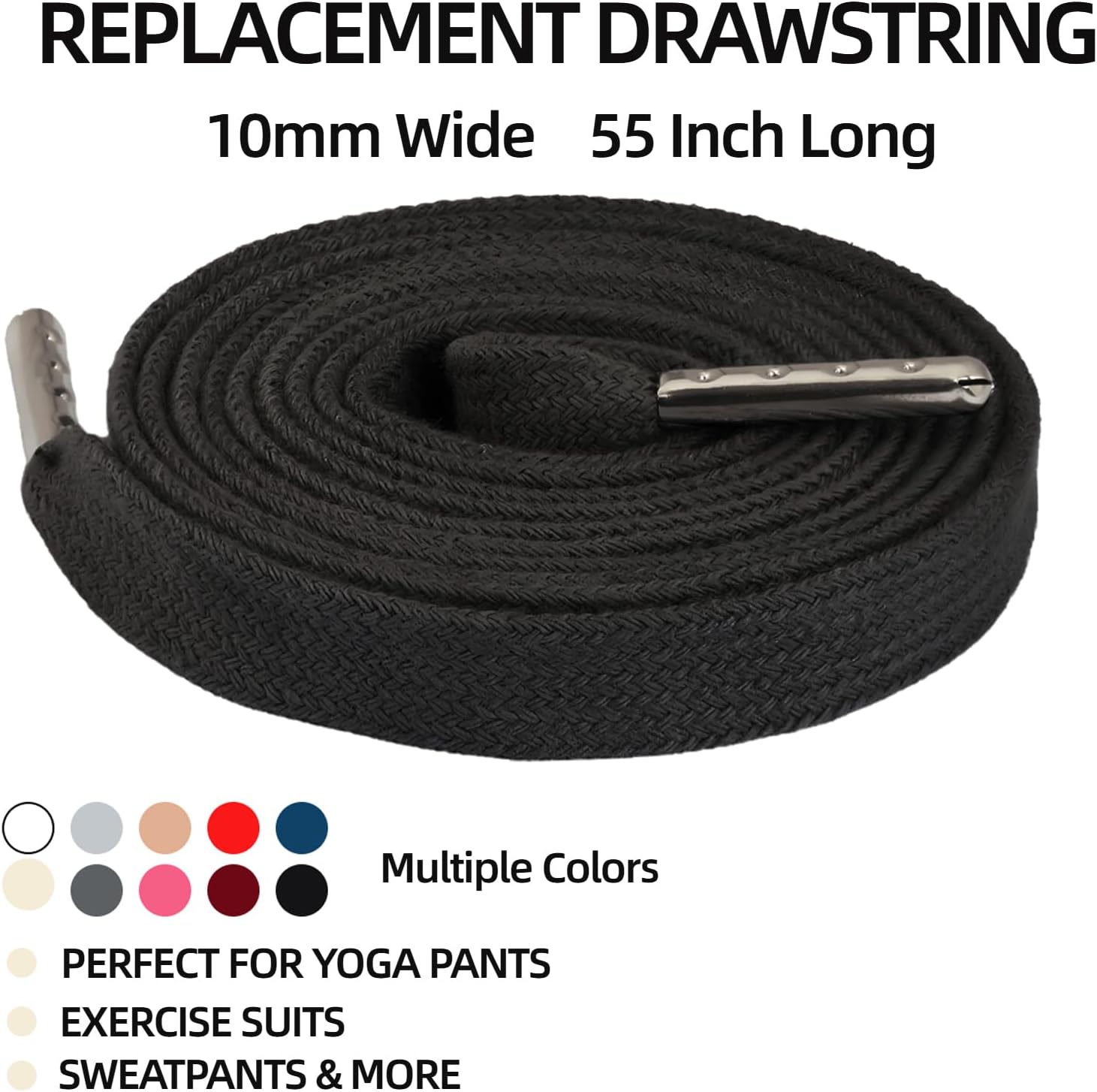 Anjpuy Black Flat Drawstring Cords Replacements 4 Pack, 10mm Cotton Drawstrings 55 Inch for Sweatpants, Hoodies Shorts with Easy Threader