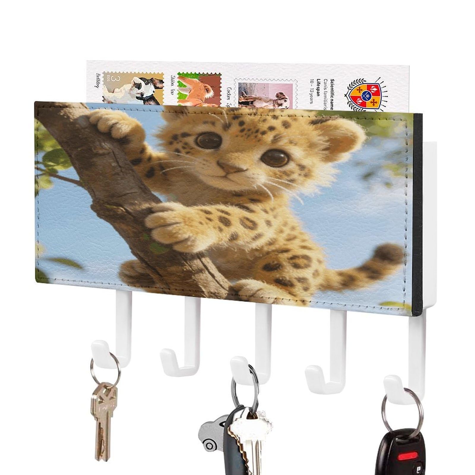 Vstadank White-Style Leopard Style Key Holder Wall Mount Pu Key Rack Decorative Key And Mail Holder Wall Key Organizer With 5 Key Hooks Key Hanger For Entryway Kitchen Living Room Office Doorway Decor White