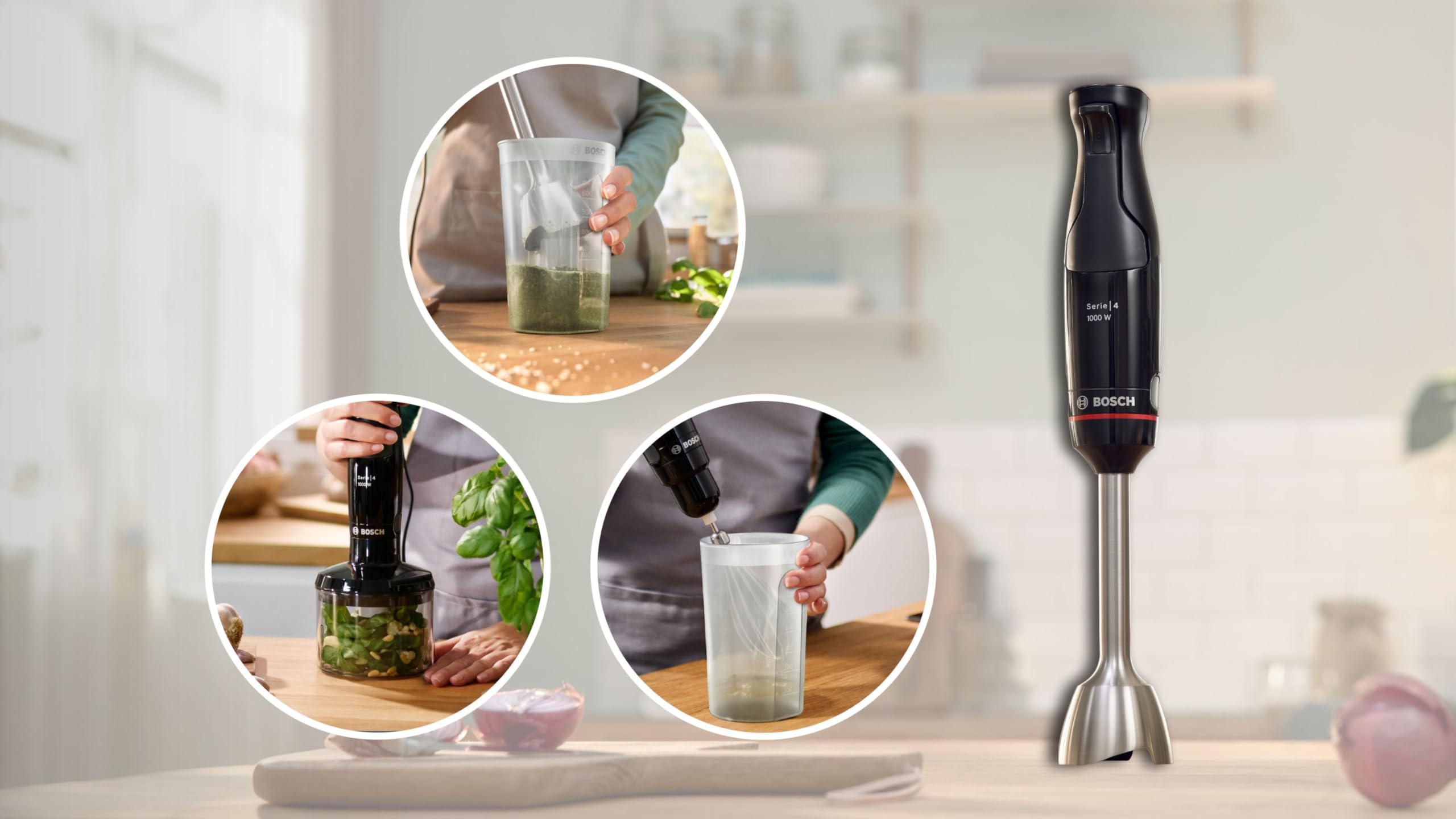 Bosch Serie 4 Frullatore a Immersione ErgoMaster MSM4B621, 1000 W, Ergonomico, Regolazione Dinamica della Velocità, Lame in Acciaio Inox, Tritatutto e Frusta Inclusi, Bicchiere Graduato, Nero