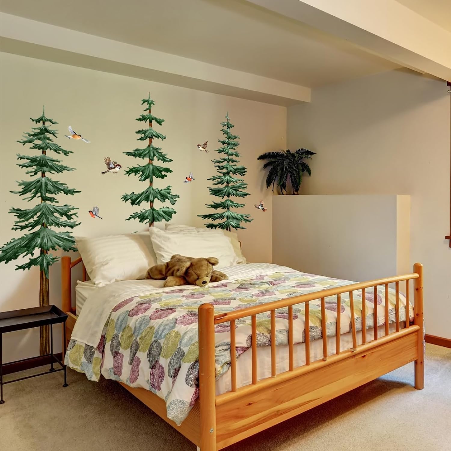 Forest Pine Tree Wall Stickers, Watercolor Birds Pine Trees Wall Decal Peel and Stick Murals for Kids Bedroom Living Room Nature Decor (Green Trees)