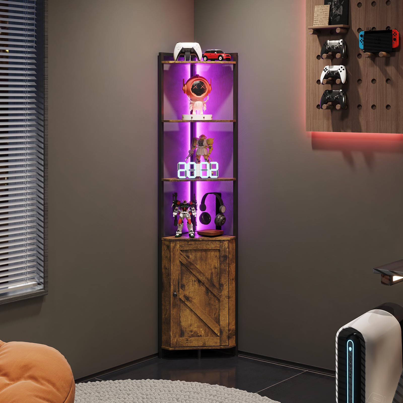 Lifewit Weinschrank Eckschrank 5 Ebenen mit LED Licht, Vintage Barschrank mit verstellbare Einlegeboden, Eckregal mit Stauraum für Bar, Küche, Wohnzimmer, Esszimmer, Rustikales Braun