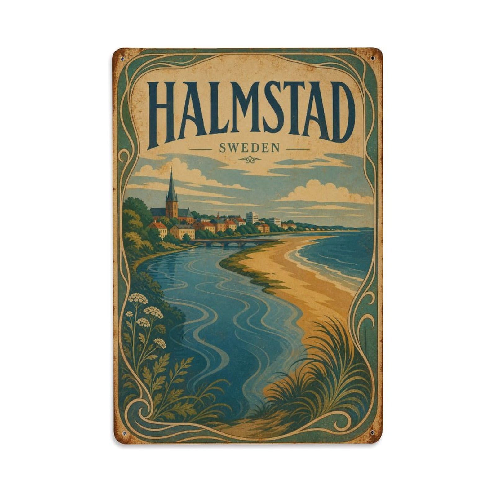 Metal Tin Sign Vintage Travel Sweden Halmstad