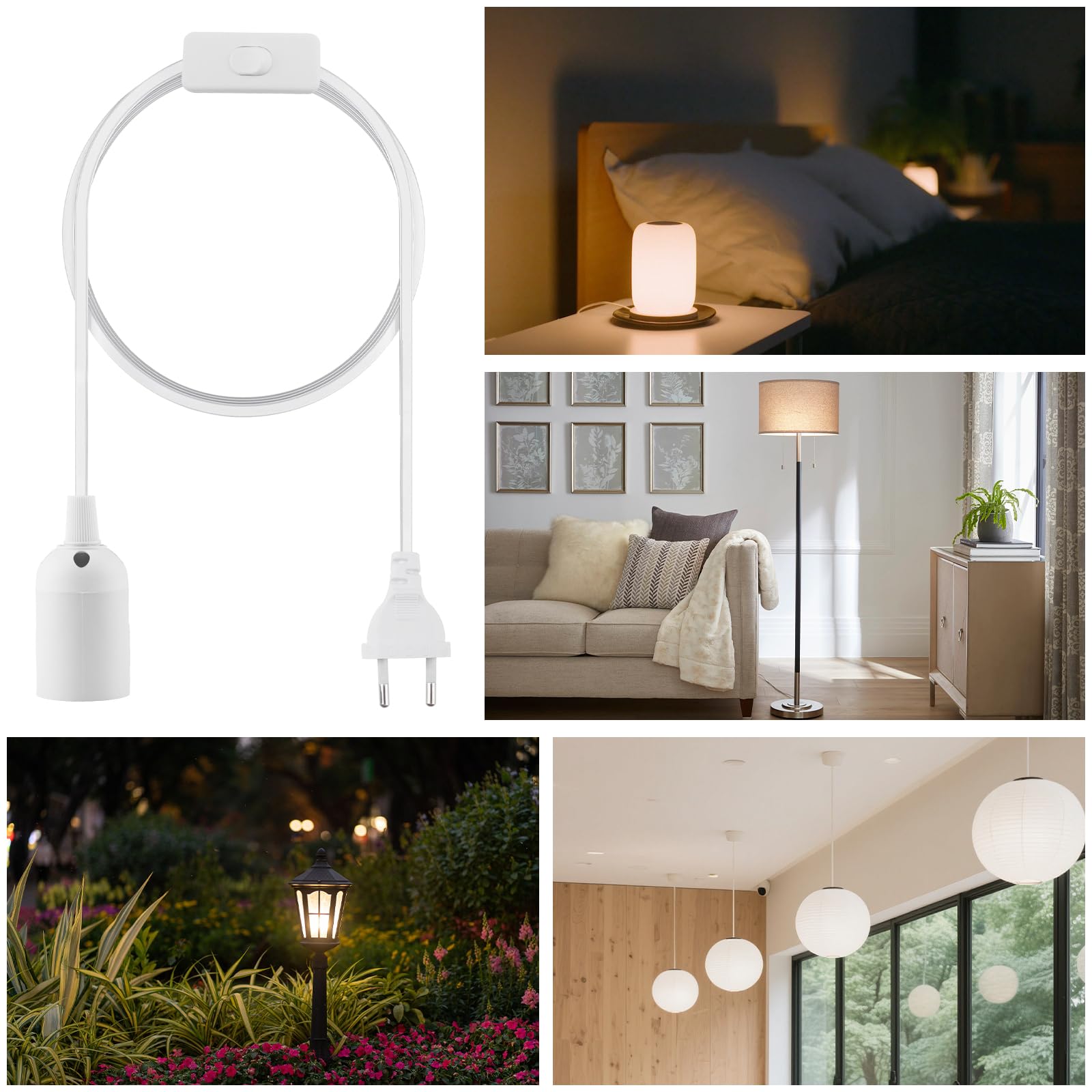 Portalampada E27 con Interruttore a Filo Cavo e Presa 3 Pezzi Bianco | 3m Elettrica Lampadario Sospensione Compatibile con Lampadine E27 (Lampadina non Inclusa)