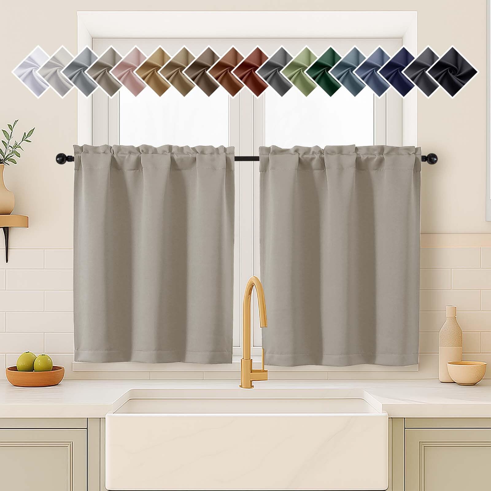OVZME Stone Curtains for Small Window Treatment, Light Blocking Short Kitchen Window Curtains Over Sink, Dual Rod Pocket Half Window Tiers for Bathroom Basement, Each 40Wx36L, 2 PCS