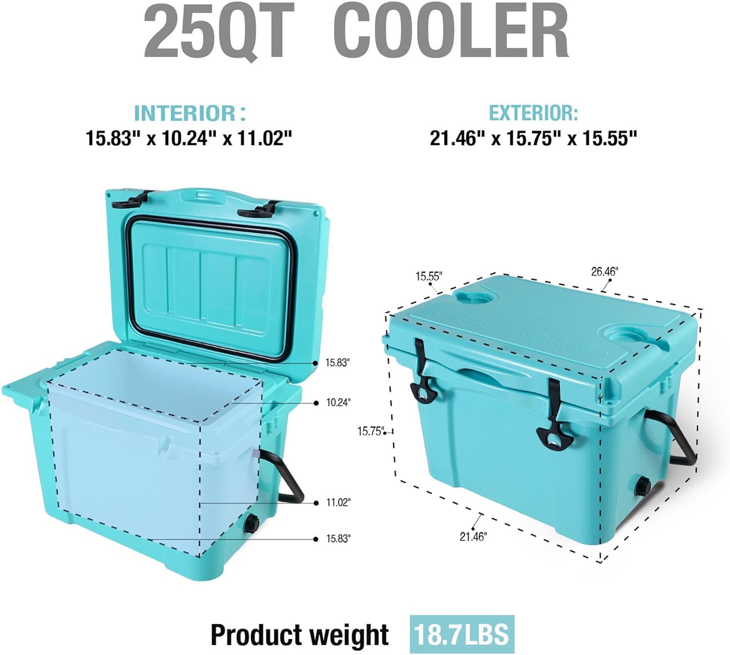 25QT Hard-Sided Rotomolded Coolers, Turquoise Small Ice Chest with T-Latches, Insulated Travel & Camping Cooler, Beach Essentials