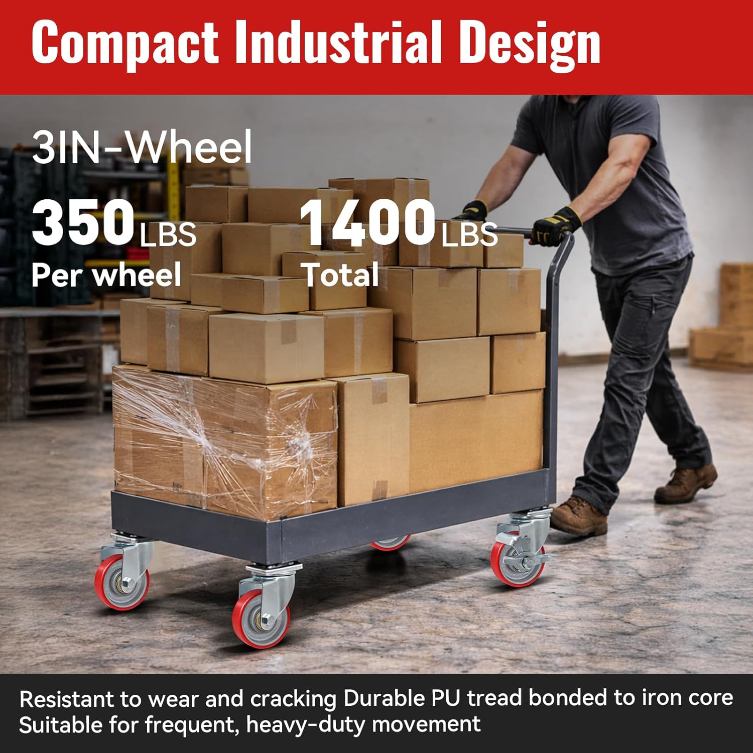 3 Inch Polyurethane Caster Wheels with Cast Iron Core, Rated 350 lbs Each), 1.25" Wide Industrial Replacement Wheels for Carts, Equipment Bases & Workbenches（2 Pack）