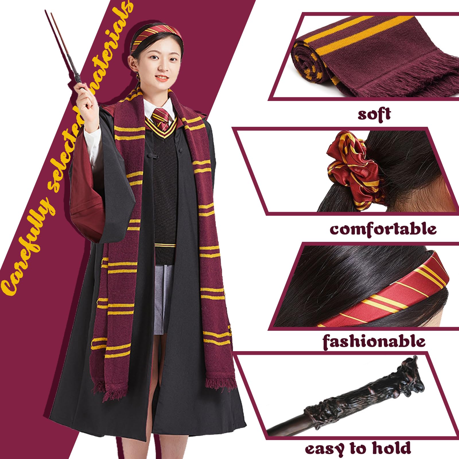 4Pcs Wizard Costume Accessories Set for Adult Harry Cosplay Accessories Kit with Magic Wand, Scarf, Headband - Image 4