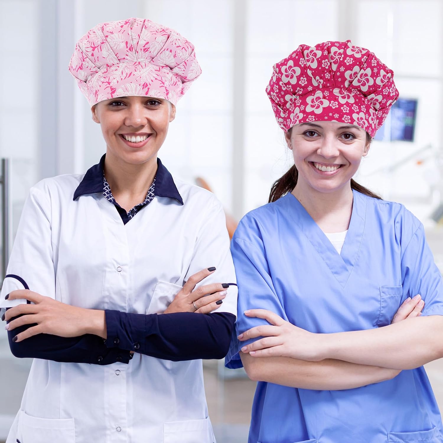 Panitay 6 Pcs Satin Lined Scrub Caps Women Nurse Surgical Hat with Buttons Ponytail Working Adjustable Pouch Tie Back