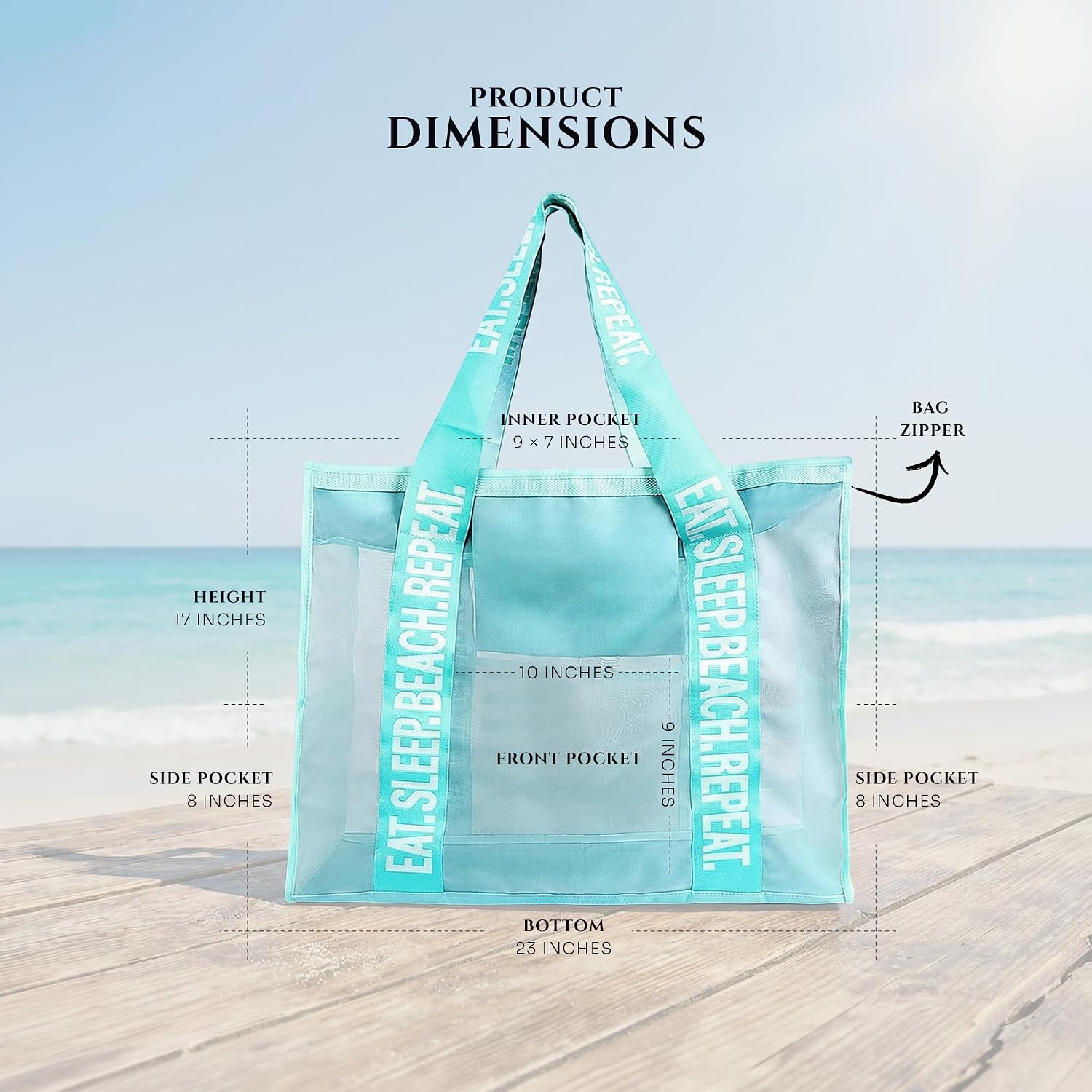Extra Large Mesh Beach Bag with Zipper– 31L Beach Tote, Lightweight Foldable Pool Bag with Pockets for Towels