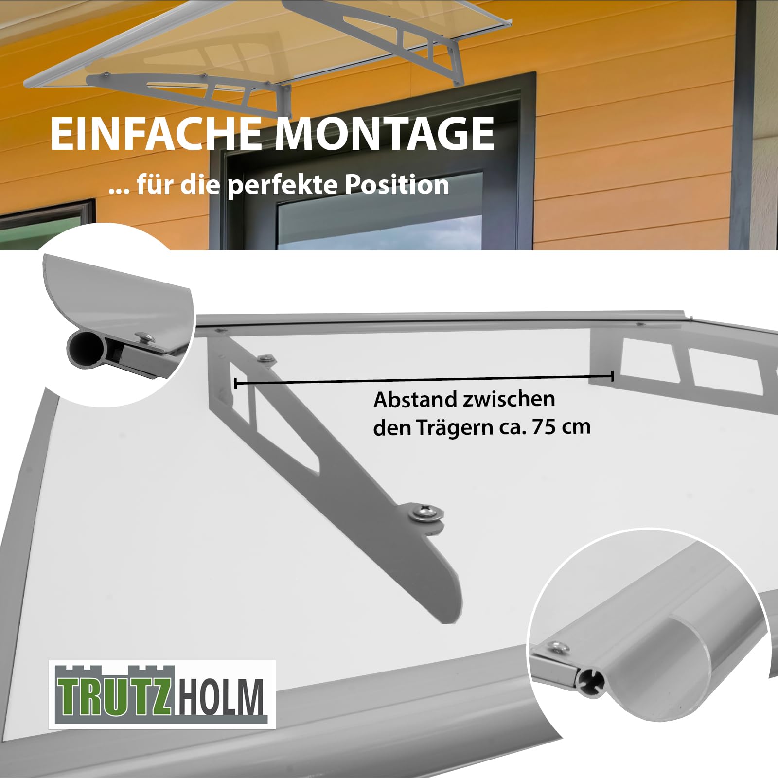 TRUTZHOLM Vordach für Haustür aus Aluminium und Polycarbonat 115 x 80 cm Haustürvordach Pultvordach Türdach Türvordach Haustür Dach