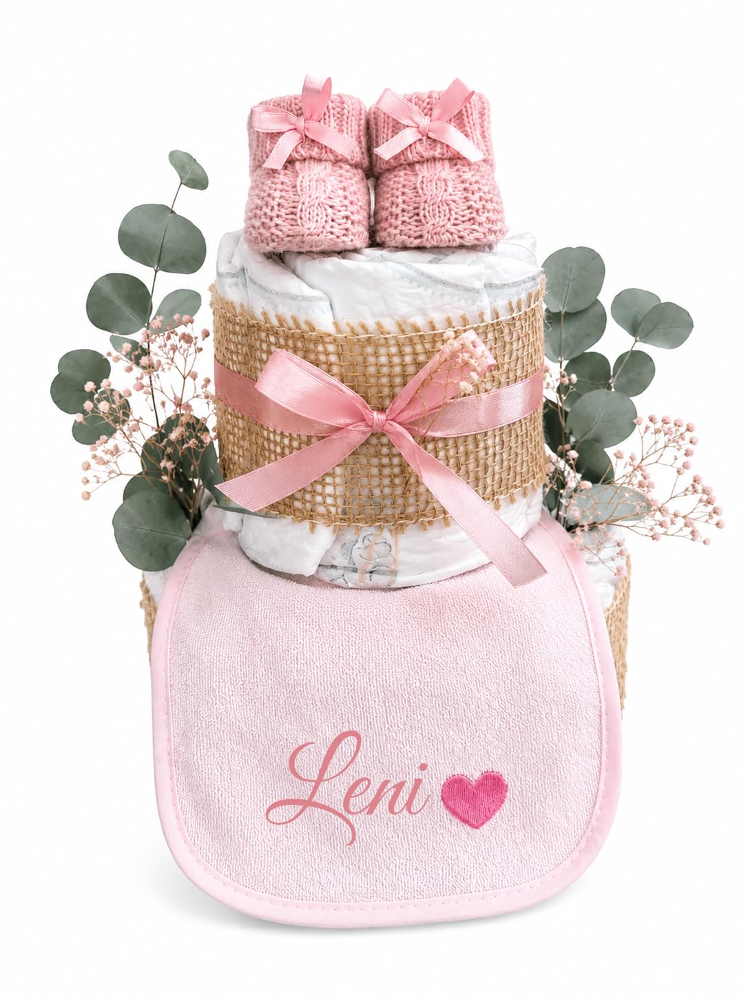 Windeltorte Rosa mit Lätzchen & Booties – personalisierbar mit Name | handgemachtes Geschenk zur Geburt für Mädchen, Babyparty & Taufe